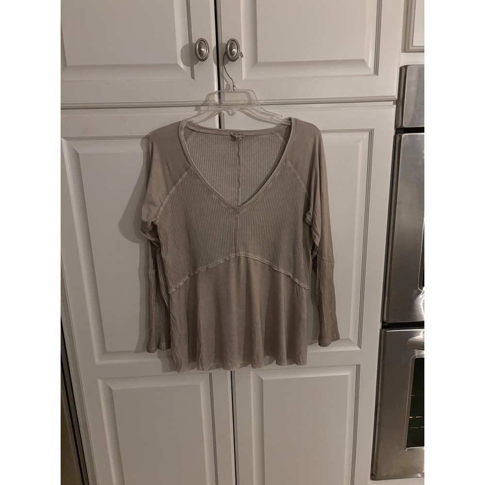 POL Womens Taupe Ribbed Mixed Media V-Neck Long Sleeve Top RCT961 Small